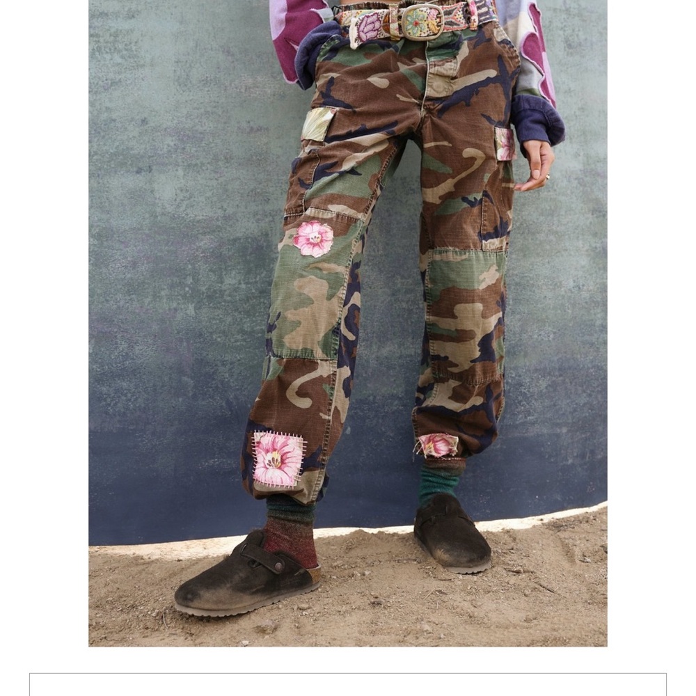 Free People Camouflage Patchwork Pants with Floral Patches
